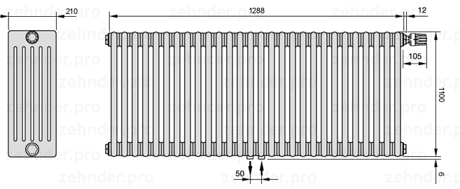Схема (чертеж) Радиатор Zehnder Charleston 6110/28 №V008 Белый глянцевый RAL 9016